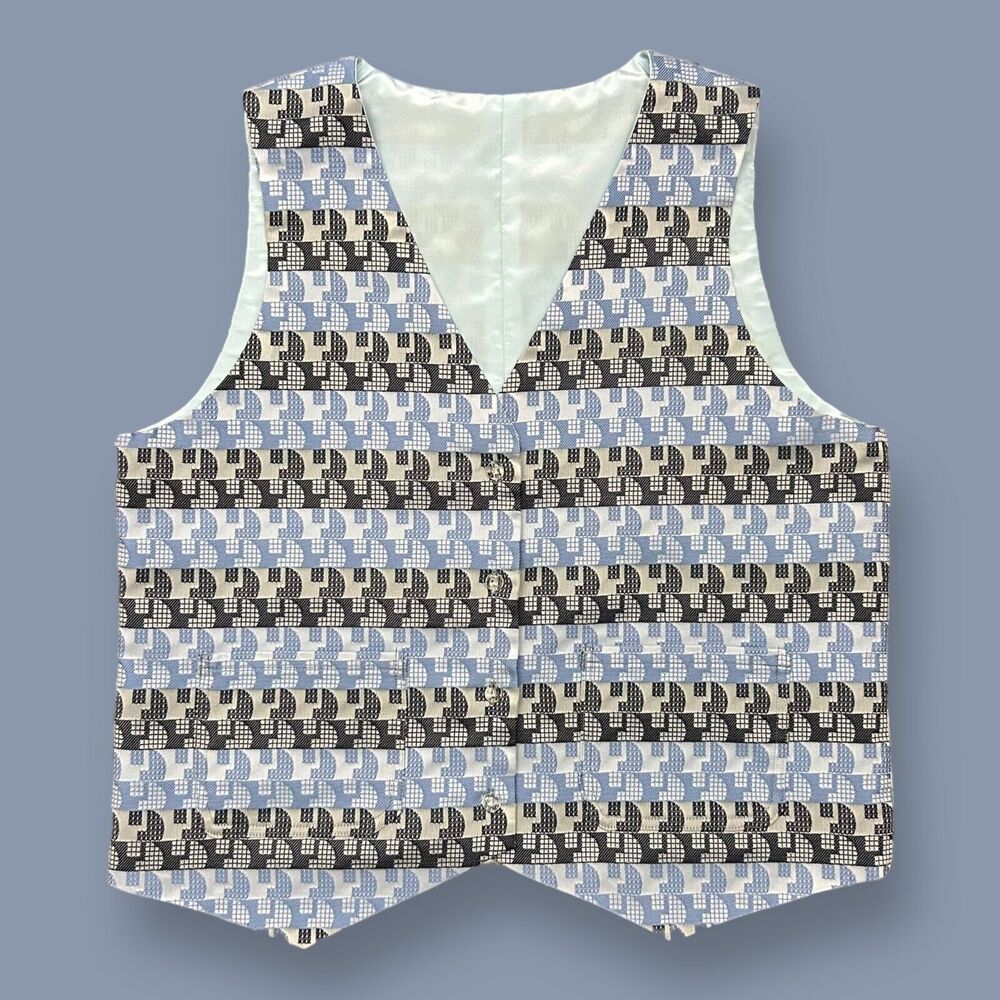Vintage Vest 70s 80s Abstract Striped Geometric Sleeveless Top Unisex Blue